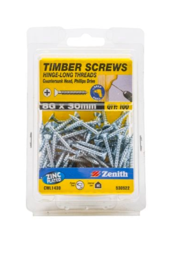 Zenith 8G x 30mm Zinc Plated Hinge-Long Thread Countersunk Head Timber Screws - 100 Pack