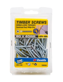 Zenith 8G x 40mm Zinc Plated Hinge-Long Thread Countersunk Head Timber Screws - 100 Pack